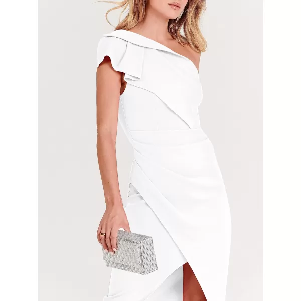 imageANRABESS Womens One Shoulder Cocktail Midi Dress Sleeveless Ruffle Wrap Ruched Bodycon Formal Wedding Guest DressesWhite