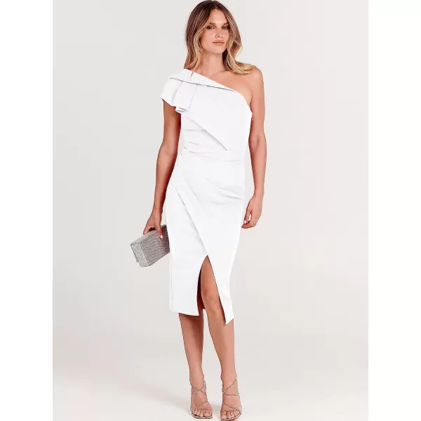 imageANRABESS Womens One Shoulder Cocktail Midi Dress Sleeveless Ruffle Wrap Ruched Bodycon Formal Wedding Guest DressesWhite