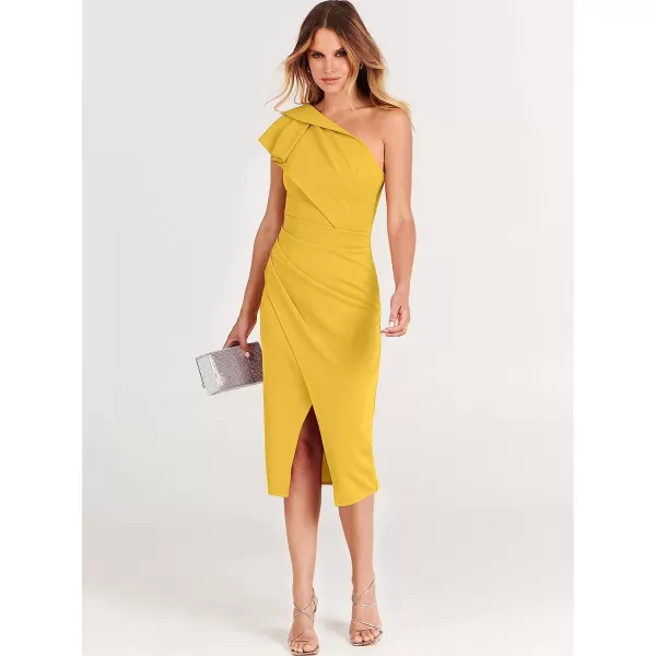 imageANRABESS Womens One Shoulder Cocktail Midi Dress Sleeveless Ruffle Wrap Ruched Bodycon Formal Wedding Guest DressesYellow