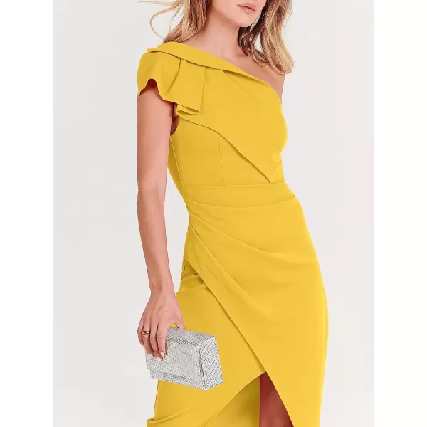 imageANRABESS Womens One Shoulder Cocktail Midi Dress Sleeveless Ruffle Wrap Ruched Bodycon Formal Wedding Guest DressesYellow