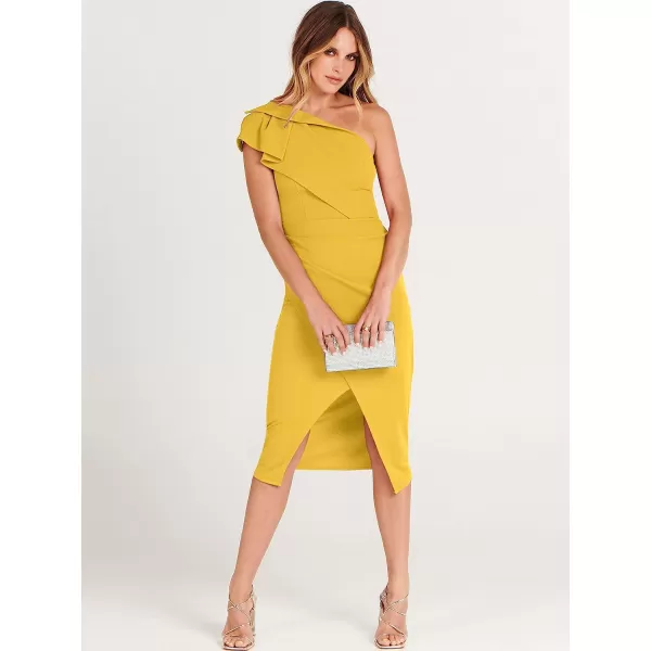 imageANRABESS Womens One Shoulder Cocktail Midi Dress Sleeveless Ruffle Wrap Ruched Bodycon Formal Wedding Guest DressesYellow