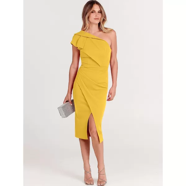 imageANRABESS Womens One Shoulder Cocktail Midi Dress Sleeveless Ruffle Wrap Ruched Bodycon Formal Wedding Guest DressesYellow