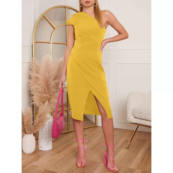 imageANRABESS Womens One Shoulder Cocktail Midi Dress Sleeveless Ruffle Wrap Ruched Bodycon Formal Wedding Guest DressesYellow