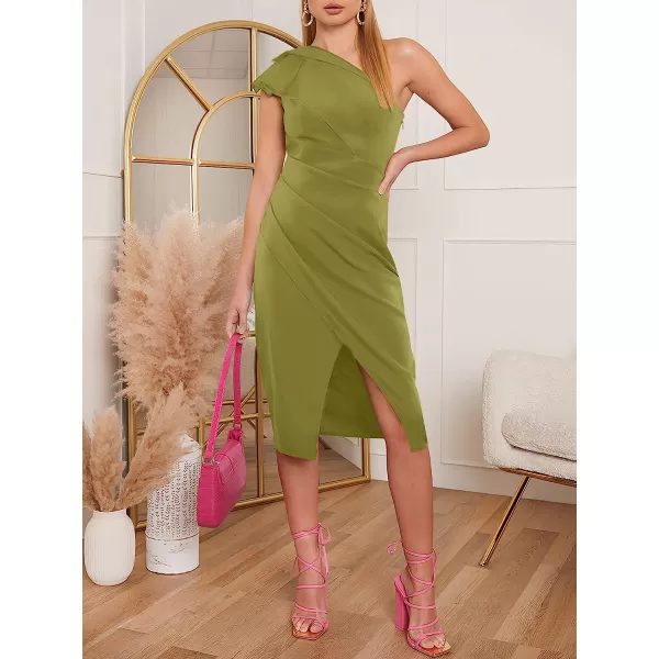 imageANRABESS Womens One Shoulder Cocktail Midi Dress Sleeveless Ruffle Wrap Ruched Bodycon Formal Wedding Guest DressesYellow Green