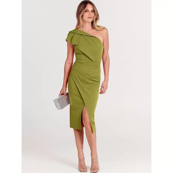 imageANRABESS Womens One Shoulder Cocktail Midi Dress Sleeveless Ruffle Wrap Ruched Bodycon Formal Wedding Guest DressesYellow Green