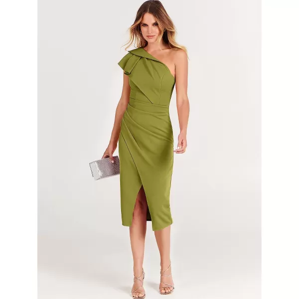 imageANRABESS Womens One Shoulder Cocktail Midi Dress Sleeveless Ruffle Wrap Ruched Bodycon Formal Wedding Guest DressesYellow Green