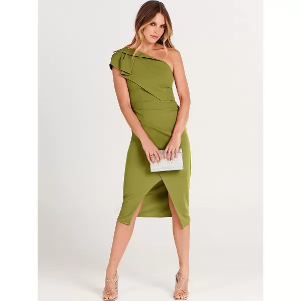 imageANRABESS Womens One Shoulder Cocktail Midi Dress Sleeveless Ruffle Wrap Ruched Bodycon Formal Wedding Guest DressesYellow Green