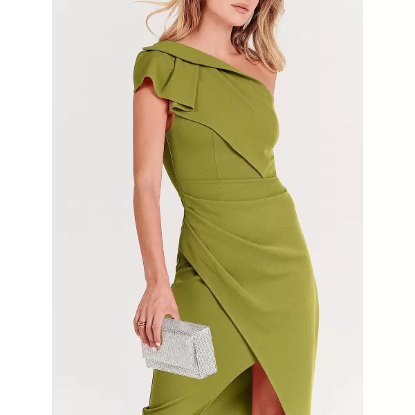 imageANRABESS Womens One Shoulder Cocktail Midi Dress Sleeveless Ruffle Wrap Ruched Bodycon Formal Wedding Guest DressesYellow Green