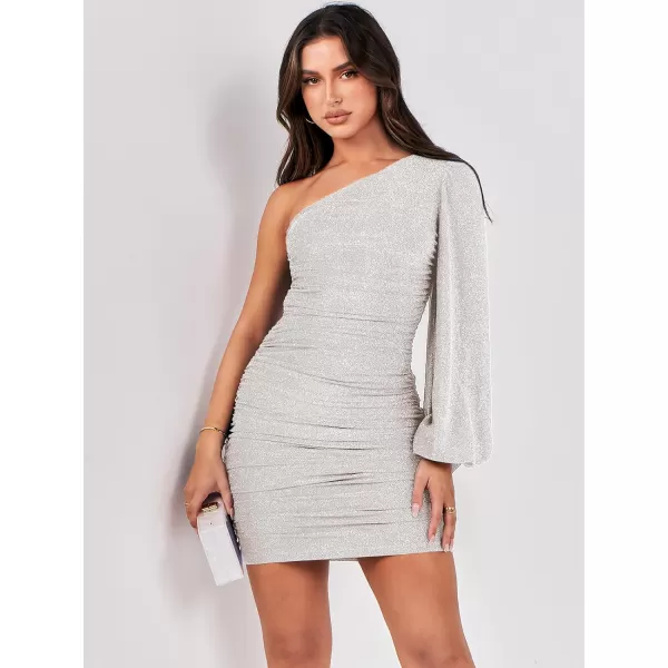imageANRABESS Womens One Shoulder Cocktail Short Dress Glitter Sexy Ruched Bodycon Party Prom Formal Mini DressBeige