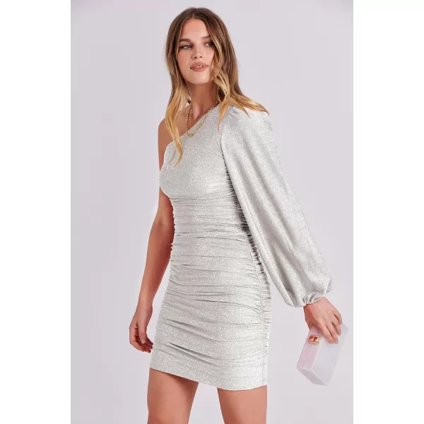 imageANRABESS Womens One Shoulder Cocktail Short Dress Glitter Sexy Ruched Bodycon Party Prom Formal Mini DressBeige
