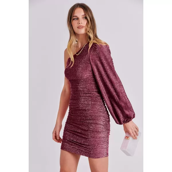 imageANRABESS Womens One Shoulder Cocktail Short Dress Glitter Sexy Ruched Bodycon Party Prom Formal Mini DressBurgundy