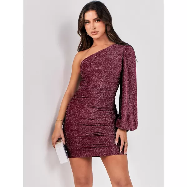 imageANRABESS Womens One Shoulder Cocktail Short Dress Glitter Sexy Ruched Bodycon Party Prom Formal Mini DressBurgundy