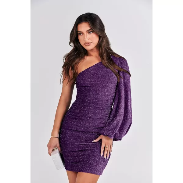 imageANRABESS Womens One Shoulder Cocktail Short Dress Glitter Sexy Ruched Bodycon Party Prom Formal Mini DressDark Purple