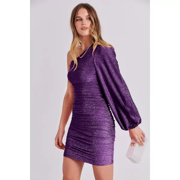 imageANRABESS Womens One Shoulder Cocktail Short Dress Glitter Sexy Ruched Bodycon Party Prom Formal Mini DressDark Purple