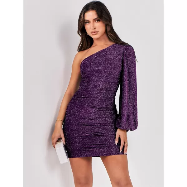 imageANRABESS Womens One Shoulder Cocktail Short Dress Glitter Sexy Ruched Bodycon Party Prom Formal Mini DressDark Purple