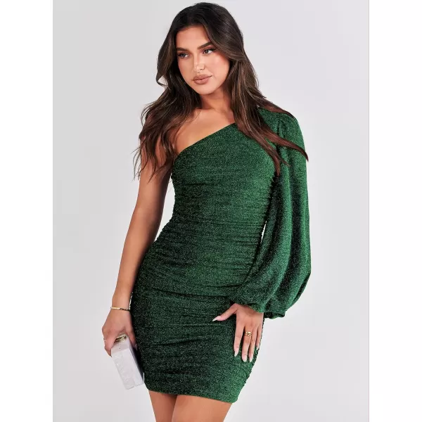 imageANRABESS Womens One Shoulder Cocktail Short Dress Glitter Sexy Ruched Bodycon Party Prom Formal Mini DressGreen