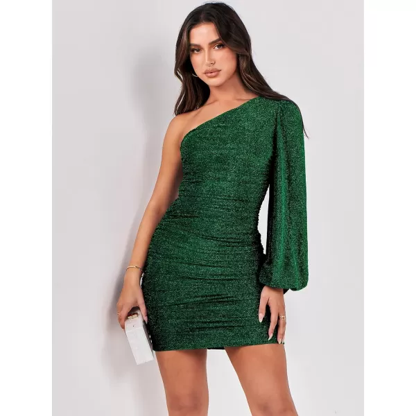 imageANRABESS Womens One Shoulder Cocktail Short Dress Glitter Sexy Ruched Bodycon Party Prom Formal Mini DressGreen