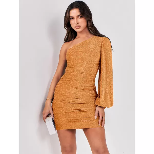 imageANRABESS Womens One Shoulder Cocktail Short Dress Glitter Sexy Ruched Bodycon Party Prom Formal Mini DressOrange