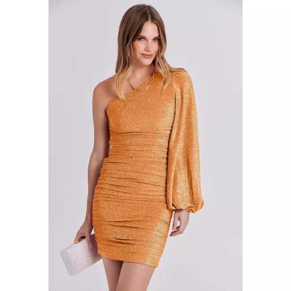 imageANRABESS Womens One Shoulder Cocktail Short Dress Glitter Sexy Ruched Bodycon Party Prom Formal Mini DressOrange