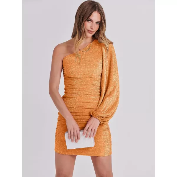 imageANRABESS Womens One Shoulder Cocktail Short Dress Glitter Sexy Ruched Bodycon Party Prom Formal Mini DressOrange