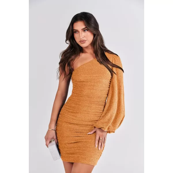 imageANRABESS Womens One Shoulder Cocktail Short Dress Glitter Sexy Ruched Bodycon Party Prom Formal Mini DressOrange