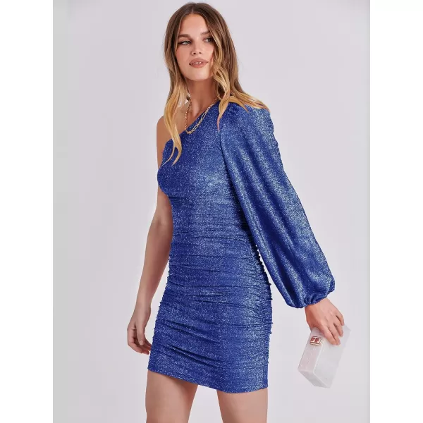imageANRABESS Womens One Shoulder Cocktail Short Dress Glitter Sexy Ruched Bodycon Party Prom Formal Mini DressRoyal Blue