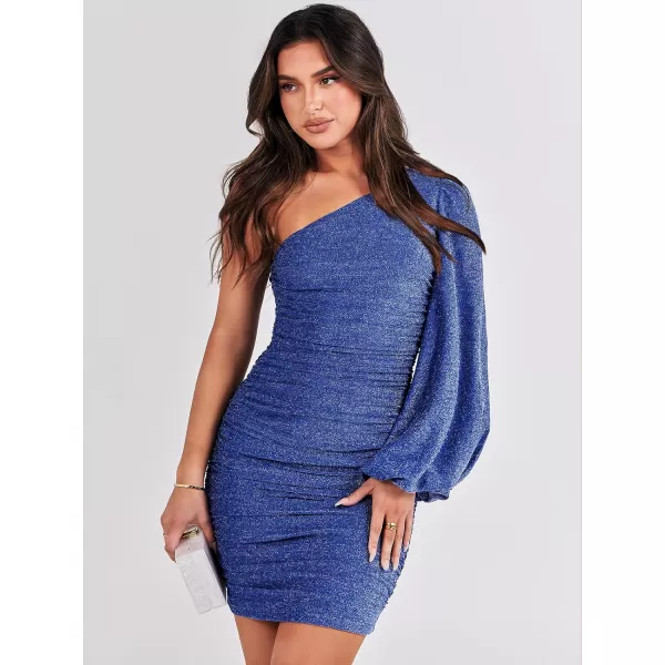 imageANRABESS Womens One Shoulder Cocktail Short Dress Glitter Sexy Ruched Bodycon Party Prom Formal Mini DressRoyal Blue