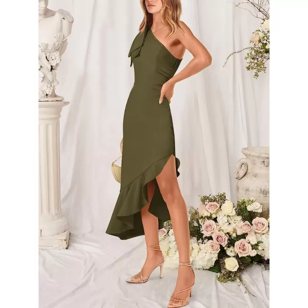imageANRABESS Womens One Shoulder Formal Midi Dresses Sleeveless Bodycon Mermaid Ruffle Cocktail Wedding Guest DressArmy Green