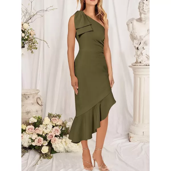 imageANRABESS Womens One Shoulder Formal Midi Dresses Sleeveless Bodycon Mermaid Ruffle Cocktail Wedding Guest DressArmy Green