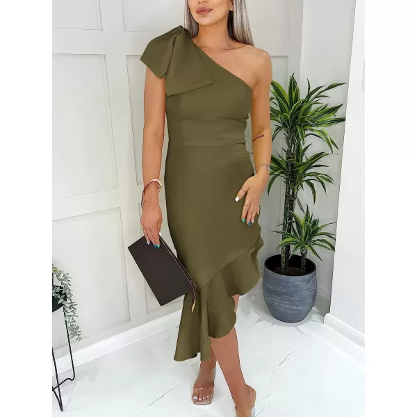 imageANRABESS Womens One Shoulder Formal Midi Dresses Sleeveless Bodycon Mermaid Ruffle Cocktail Wedding Guest DressArmy Green