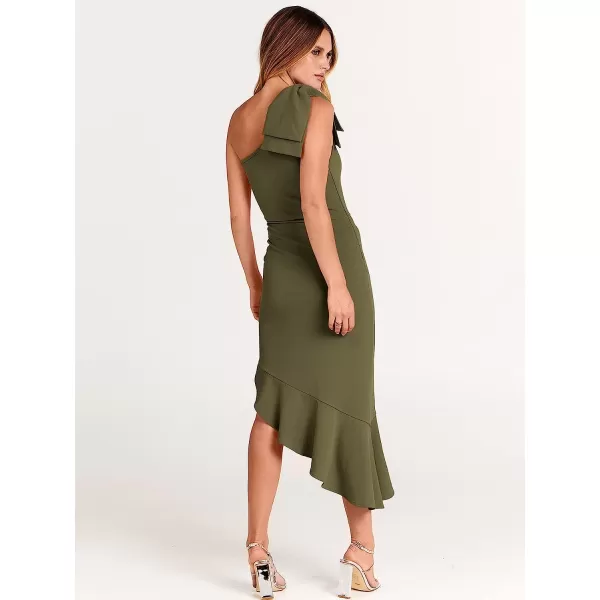imageANRABESS Womens One Shoulder Formal Midi Dresses Sleeveless Bodycon Mermaid Ruffle Cocktail Wedding Guest DressArmy Green