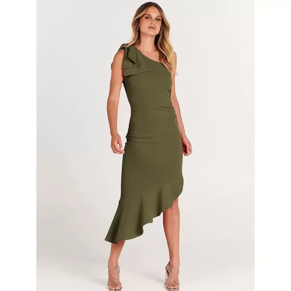 imageANRABESS Womens One Shoulder Formal Midi Dresses Sleeveless Bodycon Mermaid Ruffle Cocktail Wedding Guest DressArmy Green