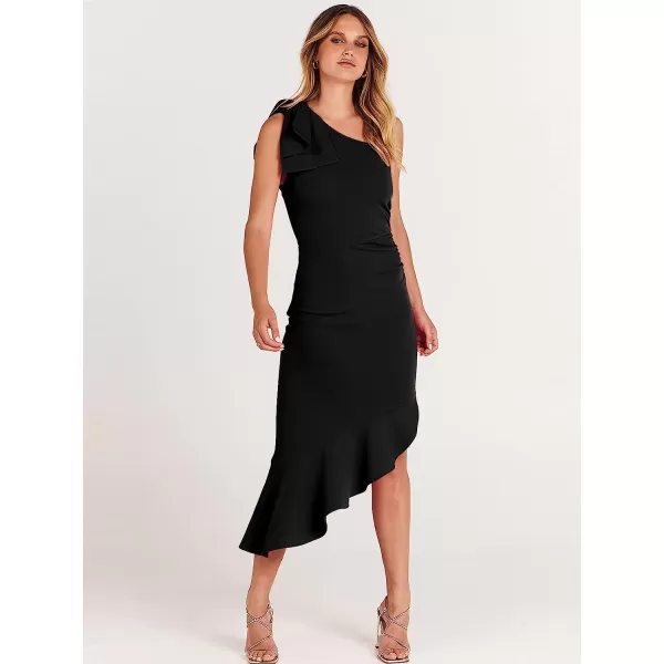 imageANRABESS Womens One Shoulder Formal Midi Dresses Sleeveless Bodycon Mermaid Ruffle Cocktail Wedding Guest DressBlack