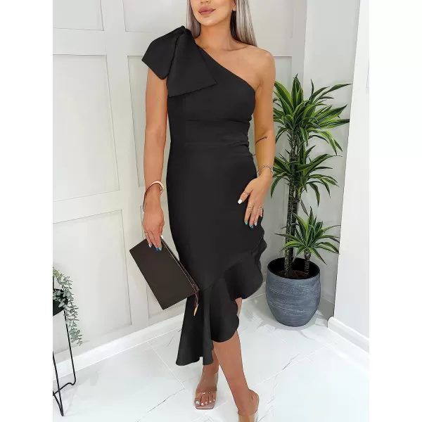 imageANRABESS Womens One Shoulder Formal Midi Dresses Sleeveless Bodycon Mermaid Ruffle Cocktail Wedding Guest DressBlack