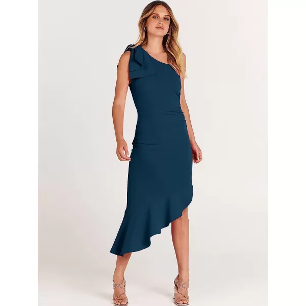 imageANRABESS Womens One Shoulder Formal Midi Dresses Sleeveless Bodycon Mermaid Ruffle Cocktail Wedding Guest DressDeep Blue