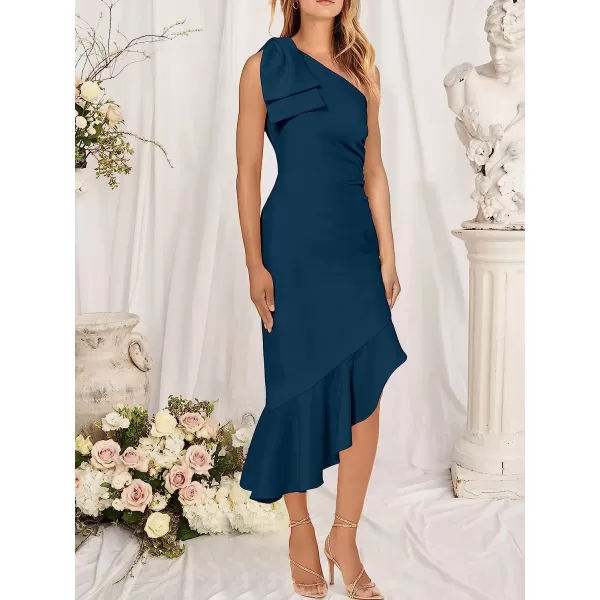 imageANRABESS Womens One Shoulder Formal Midi Dresses Sleeveless Bodycon Mermaid Ruffle Cocktail Wedding Guest DressDeep Blue