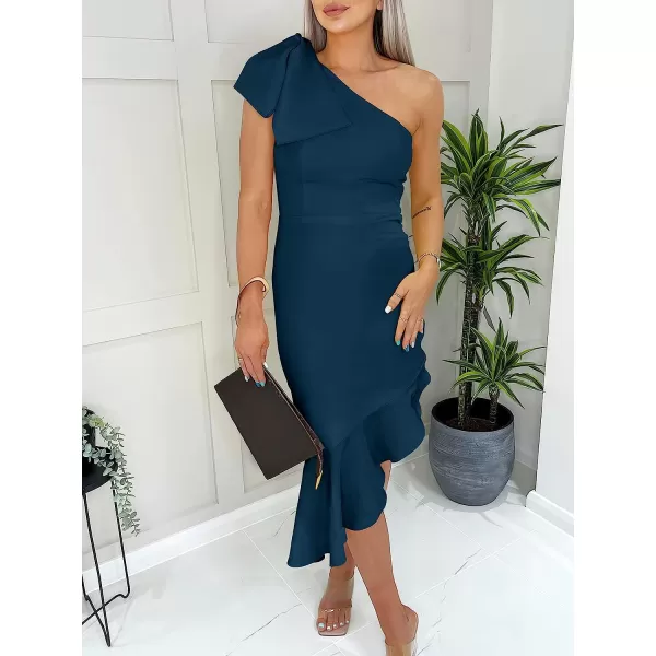 imageANRABESS Womens One Shoulder Formal Midi Dresses Sleeveless Bodycon Mermaid Ruffle Cocktail Wedding Guest DressDeep Blue