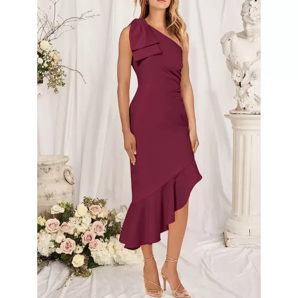 imageANRABESS Womens One Shoulder Formal Midi Dresses Sleeveless Bodycon Mermaid Ruffle Cocktail Wedding Guest DressFuchsia