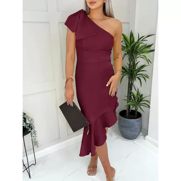 imageANRABESS Womens One Shoulder Formal Midi Dresses Sleeveless Bodycon Mermaid Ruffle Cocktail Wedding Guest DressFuchsia