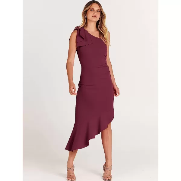 imageANRABESS Womens One Shoulder Formal Midi Dresses Sleeveless Bodycon Mermaid Ruffle Cocktail Wedding Guest DressFuchsia