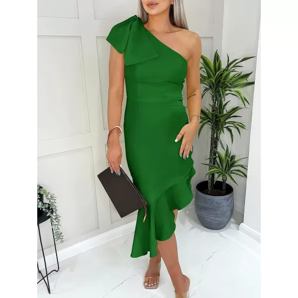 imageANRABESS Womens One Shoulder Formal Midi Dresses Sleeveless Bodycon Mermaid Ruffle Cocktail Wedding Guest DressGrass