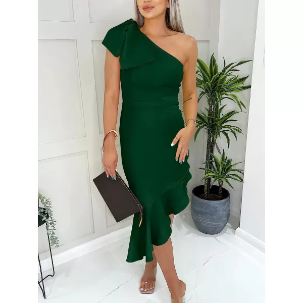 imageANRABESS Womens One Shoulder Formal Midi Dresses Sleeveless Bodycon Mermaid Ruffle Cocktail Wedding Guest DressGreen