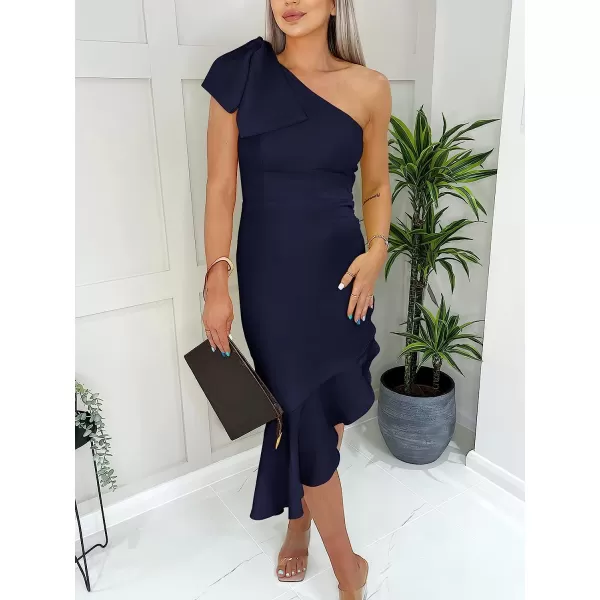 imageANRABESS Womens One Shoulder Formal Midi Dresses Sleeveless Bodycon Mermaid Ruffle Cocktail Wedding Guest DressNavy Blue