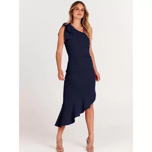 imageANRABESS Womens One Shoulder Formal Midi Dresses Sleeveless Bodycon Mermaid Ruffle Cocktail Wedding Guest DressNavy Blue