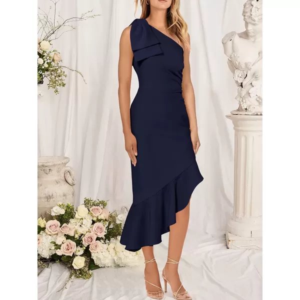 imageANRABESS Womens One Shoulder Formal Midi Dresses Sleeveless Bodycon Mermaid Ruffle Cocktail Wedding Guest DressNavy Blue