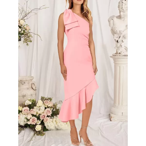 imageANRABESS Womens One Shoulder Formal Midi Dresses Sleeveless Bodycon Mermaid Ruffle Cocktail Wedding Guest DressPink