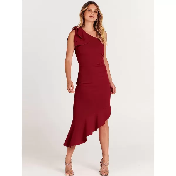 imageANRABESS Womens One Shoulder Formal Midi Dresses Sleeveless Bodycon Mermaid Ruffle Cocktail Wedding Guest DressRed