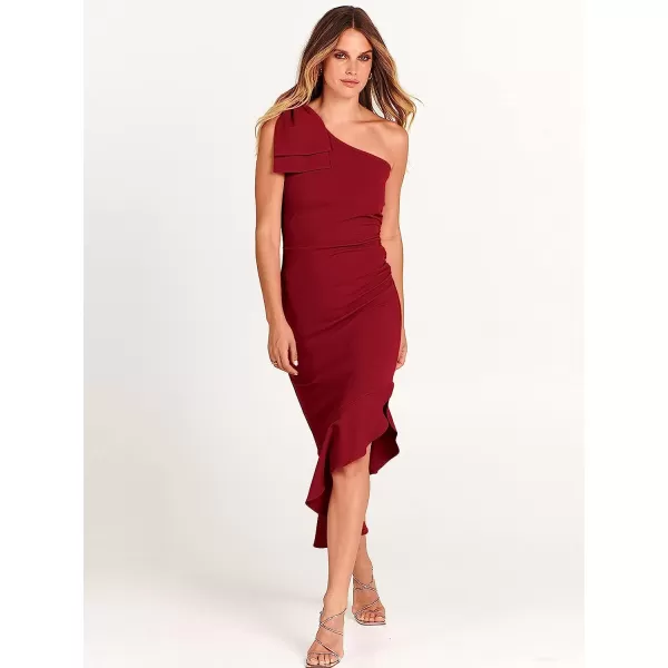 imageANRABESS Womens One Shoulder Formal Midi Dresses Sleeveless Bodycon Mermaid Ruffle Cocktail Wedding Guest DressRed