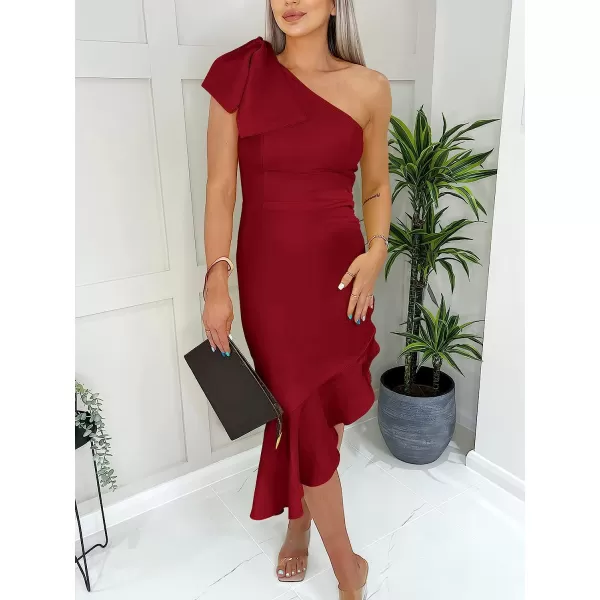 imageANRABESS Womens One Shoulder Formal Midi Dresses Sleeveless Bodycon Mermaid Ruffle Cocktail Wedding Guest DressRed
