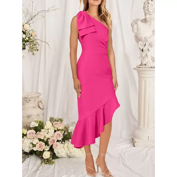 imageANRABESS Womens One Shoulder Formal Midi Dresses Sleeveless Bodycon Mermaid Ruffle Cocktail Wedding Guest DressRose